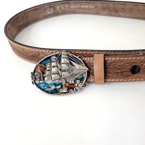 Bergamot Brass Works Clipper Ship Buckle with Tooled Leather Belt Size 40.